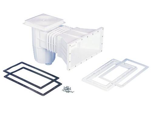 Skimmer din ABS alb, rezistent la acțiunea razelor UV, ușă cu flotor, coș cu sistem de fixare.